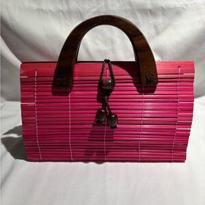 Handmade Bamboo Slat Clutch Pink Wooden Handle Statement Bag